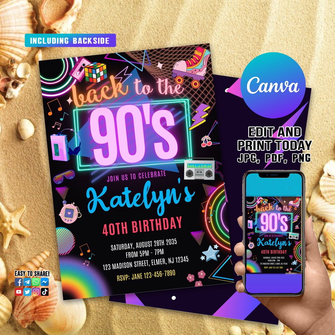 Editable 80s Birthday Party Invitation Back to the 80s Neon Party Glow
