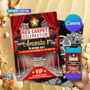 Faire-part d'anniversaire modifiable tapis rouge, tapis rouge, Hollywood Movie Party inviter glam anniversaire numérique inviter vip Movie Star Party