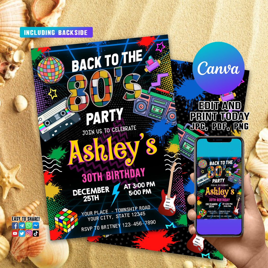Editable 80s Birthday Party Invitation 90s Party Glow Dance Disco 2000s