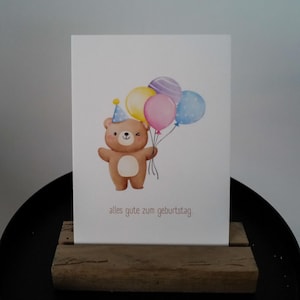 Tarjeta de cumpleaños con oso y globos – linda postal – feliz cumpleaños – para niños y seres queridos | Osito de peluche de cumpleaños infantil