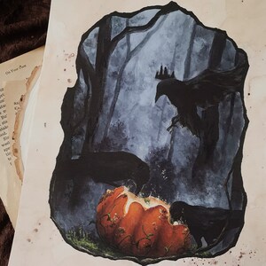 May include: A rectangular art print featuring a dark, moody forest scene with three black crows surrounding a large, orange pumpkin. The illustration is framed by a jagged, irregular black border, set against a light, off-white paper background.