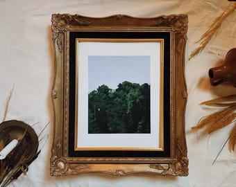 May include: A framed print featuring a landscape painting of dense green trees under a pale sky, housed in an ornate, metallic gold-toned frame with a black inner border and a thin gold trim surrounding the central artwork.