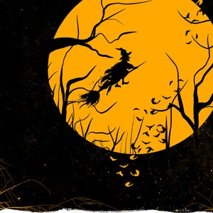 May include: A black silhouette illustration of a witch flying on a broomstick against a large, bright orange full moon. Bare tree branches frame the scene, and a flock of small birds or bats flies across the orange circle against a black background.