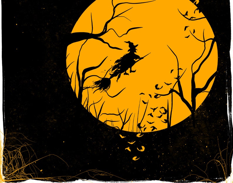 May include: A black silhouette illustration of a witch flying on a broomstick against a large, bright orange full moon. Bare tree branches frame the scene, and a flock of small birds or bats flies across the orange circle against a black background.