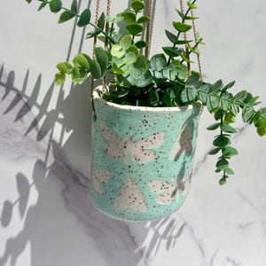Ceramic planter, moth design, bug, mint color, illustration, pottery, slab clay, plant hanging, porcelain, inside, outside planter