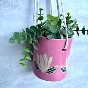 Keramik-Pflanzgefäß, Schneckenmotiv, rosa Tulpenfarbe, Illustration, Töpferei, Tonplatte, Hängepflanze, Porzellan, für drinnen und draußen