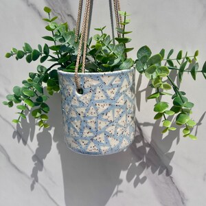 Ceramic planter, triangle design, blue gray, color, illustration, pottery, slab clay, plant hanging, porcelain, inside, outside planter