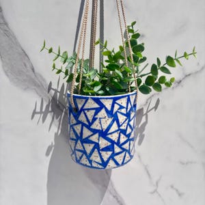 Ceramic planter, triangle design, blue,  color, illustration, pottery, slab clay, plant hanging, porcelain, inside, outside planter