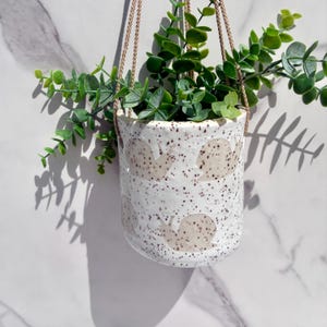 May include: A white ceramic hanging planter with a speckled finish and a repeating snail pattern. The cylindrical pot is suspended by thin tan cords and contains a green leafy plant with small, rounded foliage extending from the top opening.