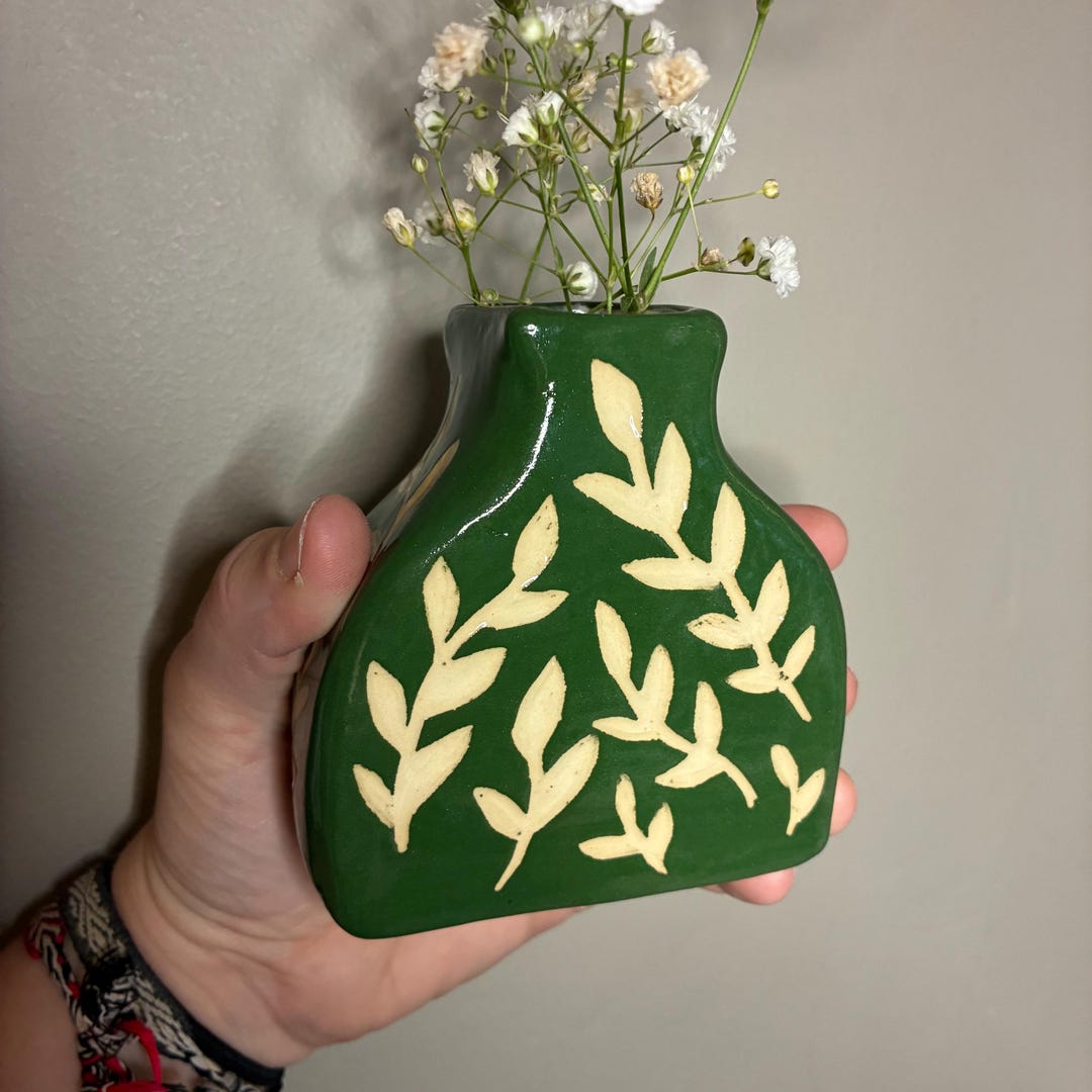 Handmade Ceramic Vase: Botanical Line Art, Eclectic Home Decor, Green ...