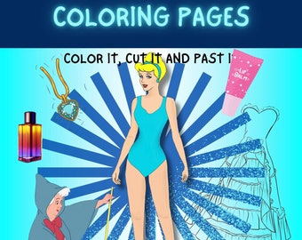 Cinderella's dress coloring pages/ Color it, cut it and paste it/ printable coloring pages for kid/ PDF/ cartoon coloring book for kids/