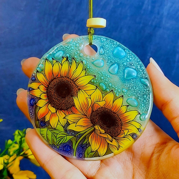 Sunflower Ornament, Fused Glass, 3 inch Flat