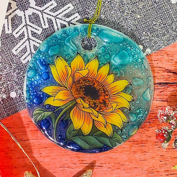 Sunflower Ornament, Fused Glass, 2.5 inch Flat