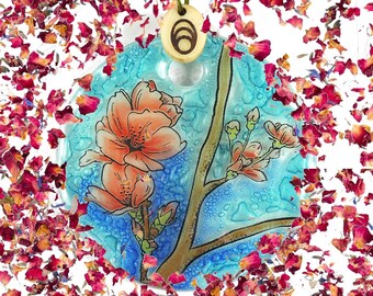 Peach and Bows Driftwood Suncatcher Flowers Upcycled Jewelry