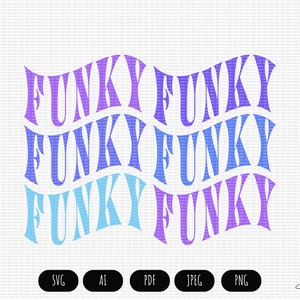 Puede incluir: Un diseño gráfico con la palabra "FUNKY" repetida seis veces en un patrón ondulado y superpuesto. El texto está en un degradado de morado y azul.