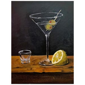 Martini Glass, Dirty Martini Lemon Painting, Handmade Original Wall Art, Cocktail Glass Painting Elegant Painting Gift