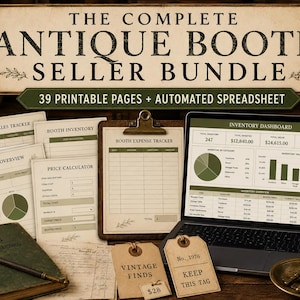 May include: A digital bundle for antique booth sellers featuring a sign titled THE COMPLETE ANTIQUE BOOTH SELLER BUNDLE, 39 printable pages, a clipboard with a booth expense tracker, and a laptop displaying an inventory dashboard spreadsheet.