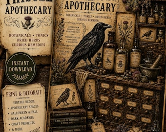 Raven and Thistle Apothecary Printable, Vintage Apothecary Wall Art, Raven Decor, Dark Academia Art, Botanical Digital Download