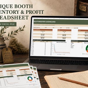 May include: A laptop screen displaying an Antique Booth Inventory & Profit Spreadsheet with a Boothkeeper Dashboard, featuring tables for active inventory, sales, and profit, a line graph, and a pie chart, alongside printed copies of the same spreadsheet.