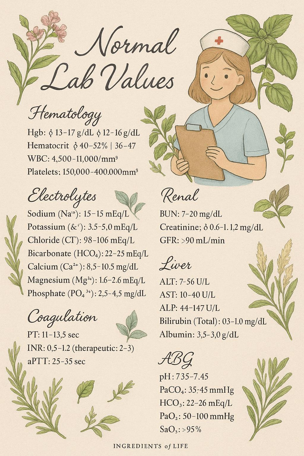 Nursing Lab Values Cheat Sheet | Cute Nurse Themed | Printable Study ...