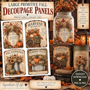 May include: A printable craft set of four rectangular panels featuring vintage-style autumn illustrations. Each panel displays fall-themed imagery including pumpkins, sunflowers, and rustic containers with text like Autumn Blessings and Harvest Market.