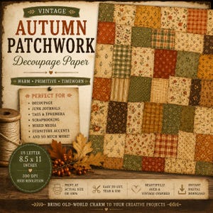 May include: Vintage Autumn Patchwork decoupage paper featuring a grid of fabric-like squares in shades of red, orange, green, and tan. The sheet is 21.59 by 27.94 cm and includes text detailing its use for scrapbooking, junk journals, and mixed media.