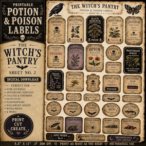 Può includere: Una collezione di etichette stampabili per pozioni e veleni intitolata The Witch's Pantry Sheet No. 2. Il foglio presenta varie etichette rettangolari e circolari in stile vintage con illustrazioni di piante, animali, teschi e testi come Arsenic, Belladonna e Opium.
