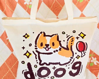 doog dog tote bag | typo animal tote bag | canvas bag with long handle, gusset & zipper | cute whimsical gift for dog lovers and pet owners