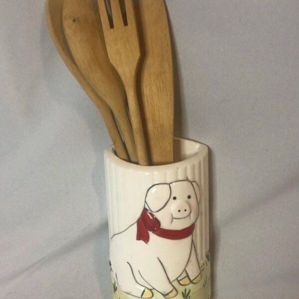 Farmhouse Lil piggy ceramic kitchen utensil holder