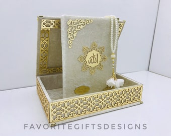 Quran with velvet box and tasbih set, Personalized Islamic Quran gift, Muslim gift set, Velvet Quran and velvet box, Islamic Wedding Gift.