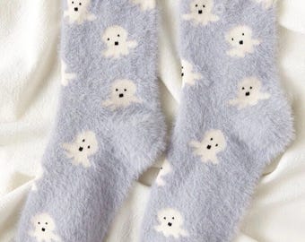 Octopus Fuzzy Socks | Plush Novelty Crew Socks | Size 9