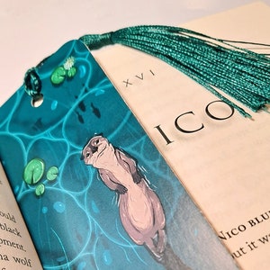 Otters in Water Bookmark | Cute Aquatic River Animal Illustrative Bookmarks Wildlife Tassel Book PageHolder
