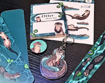 River Otter Theme Bundle | Cute Stationary Bookmark Lanyard PinBack Button Sticker Memo pad NotePad Set Pack Wildlife Nature River Animals