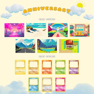 May include: A digital illustration of a set of cards with different backgrounds and colors. The backgrounds include a pink sky with trees, a beach, a rainbow, a house, a mountain road, and a lake. The cards are yellow, orange, red, green, blue, purple, light blue, beige, and pink.