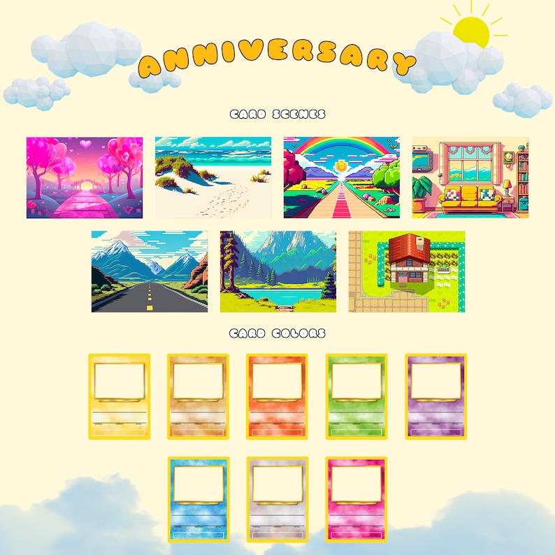 May include: A digital illustration of a set of cards with different backgrounds and colors. The backgrounds include a pink sky with trees, a beach, a rainbow, a house, a mountain road, and a lake. The cards are yellow, orange, red, green, blue, purple, light blue, beige, and pink.