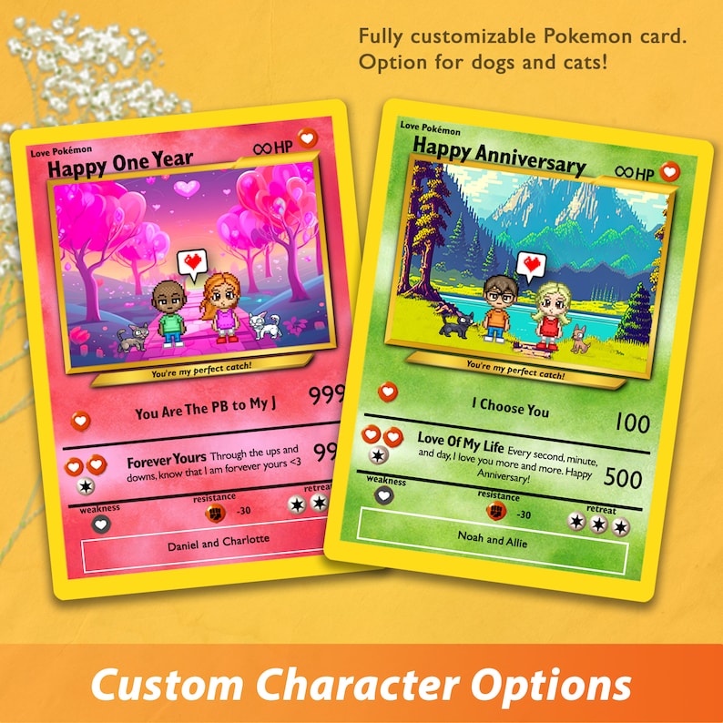 May include: Two customizable Pokemon cards with a pink and green color scheme. The cards feature a couple with a heart above their heads. The text on the cards reads "Happy One Year" and "Happy Anniversary".