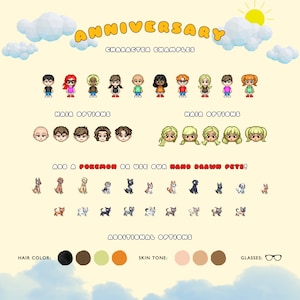 May include: A digital illustration of a customizable character creator for an anniversary card. The image shows a variety of hair styles, skin tones, and clothing options for the characters. The image also includes a selection of pets and a Pokemon.