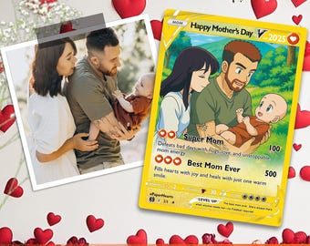 May include: A customizable Mother's Day card in the style of a Pokemon card. The card features a yellow background with a cartoon illustration of a family. The card has the text "Happy Mother's Day 2025" and "Super Mom" and "Best Mom Ever".