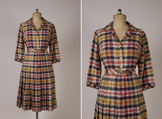 1950's Plaid Boucle Cotton Plaid Dress - Size M