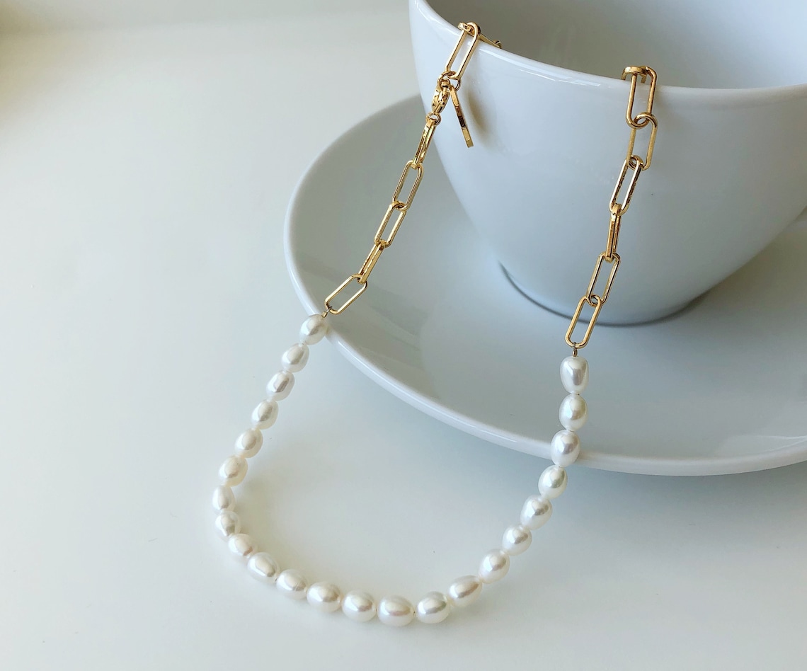 Paperclip Chain Necklace with Pearl Half Pearl Half Chain Etsy