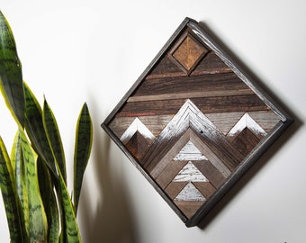 Wooden wall art, wooden mountains, reclaimed wood, geometric wall panel