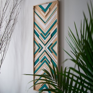 Geometric wall art, white and teal home decor, wood wall art, wooden handmade wall hanging, christmas gift, housewarming gift