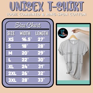 K&ouml;nnte beinhalten: Gr&ouml;&szlig;entabelle f&uuml;r Unisex-T-Shirts mit Ma&szlig;en in Zoll. Die Tabelle zeigt die Breite und L&auml;nge des Shirts in verschiedenen Gr&ouml;&szlig;en von XS bis 3XL. Die Tabelle befindet sich auf einem lila Hintergrund mit wei&szlig;em Text.