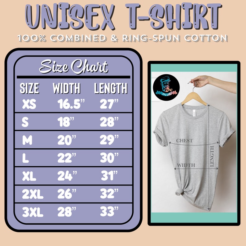 K&ouml;nnte beinhalten: Gr&ouml;&szlig;entabelle f&uuml;r Unisex-T-Shirts mit Ma&szlig;en in Zoll. Die Tabelle zeigt die Breite und L&auml;nge des Shirts in verschiedenen Gr&ouml;&szlig;en von XS bis 3XL. Die Tabelle befindet sich auf einem lila Hintergrund mit wei&szlig;em Text.