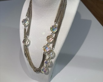 Gunmetal Multi Strand Iridescent Crystal Bead Statement Necklace