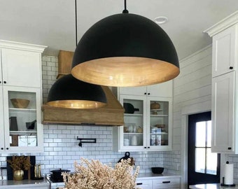 CONJUNTO DE 2 techos de cúpula de latón negro, techo moderno, luces de isla de cocina, lámpara colgante Boho, exterior negro y interior dorado