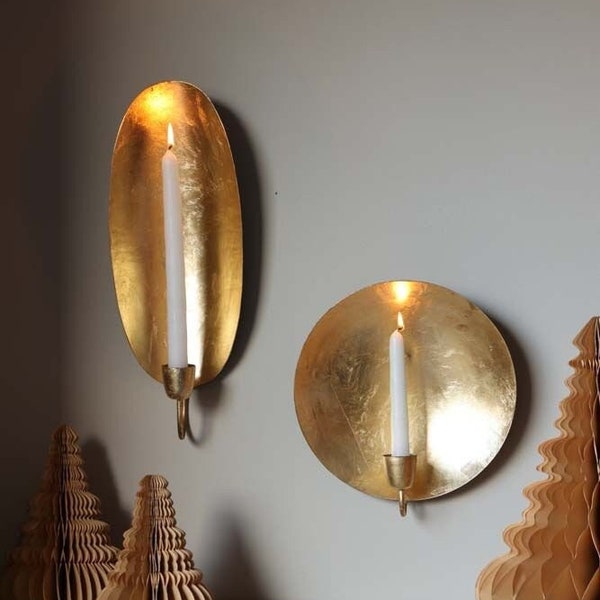 Set of 2: Moroccan Round / Oval brass Gold Leaf Candlestick Holder Wall Sconce,Gift christmas