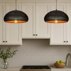 SET OF 2 Black Metal Dome Fixture Ceiling, Modern ceiling, kitchen island Lights, Boho Pendant Lamp , Black outside & Gold inside
