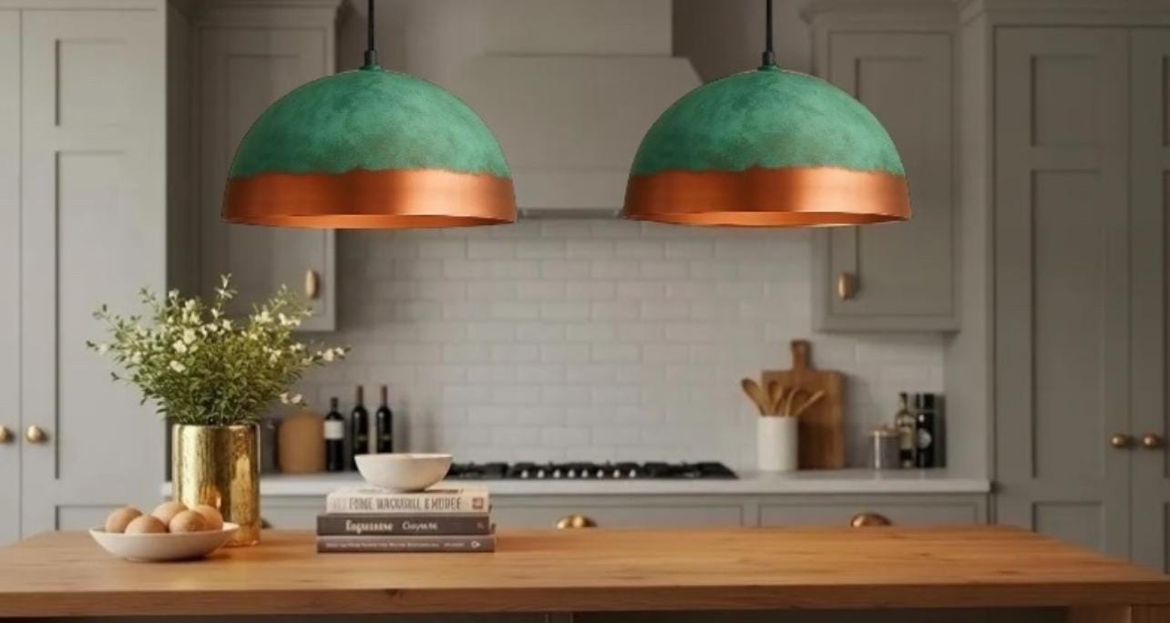 CONJUNTO DE 2 Luminárias de Teto Domo em Latão Oxidado, Teto Moderno, Luzes de Ilha de Cozinha, Luminária Pendente Boho, Pátina Verde Externa e Cobre Vermelho