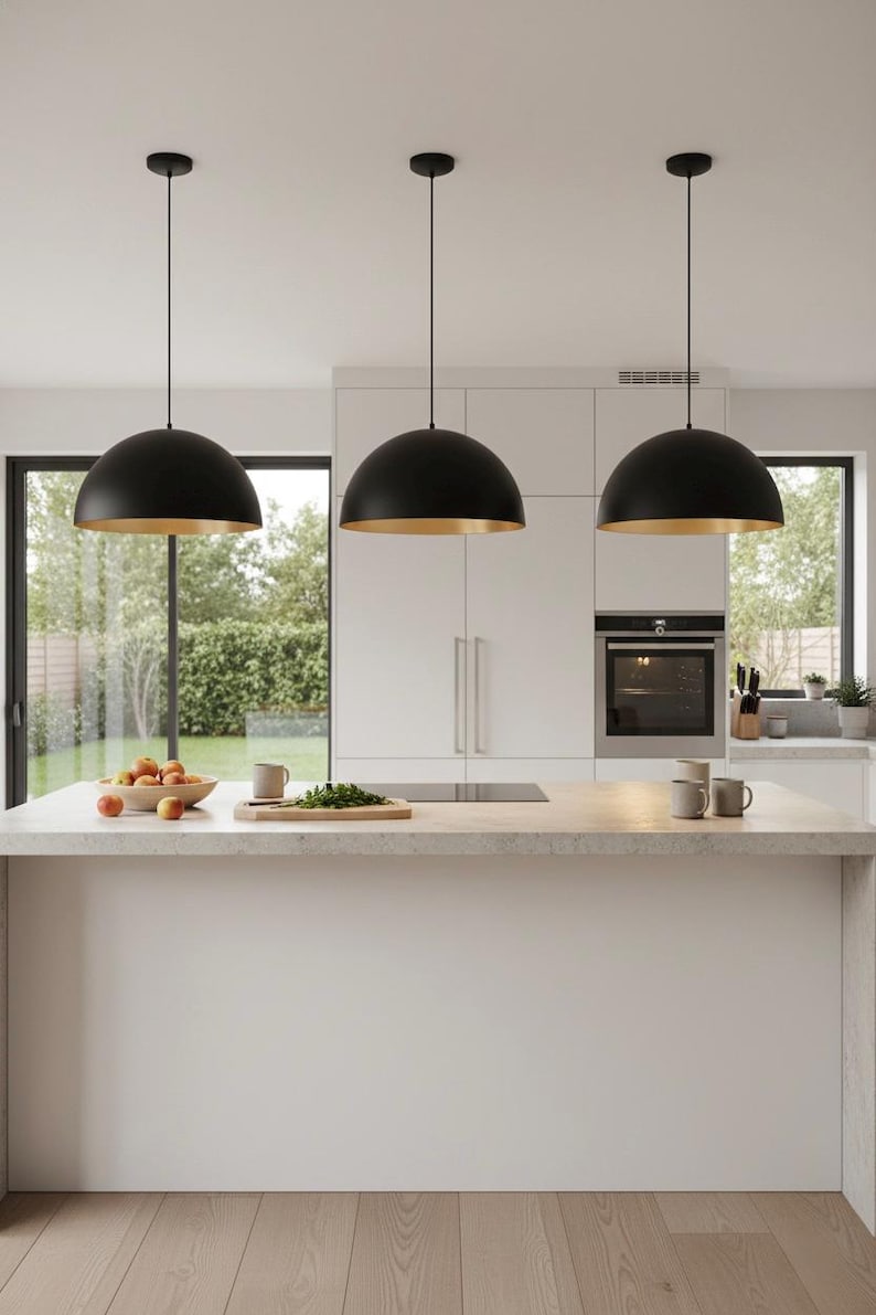 Black Brass Dome Ceiling Light – Modern Moroccan Pendant Lamp – Adjustable Cord & Chain – Kitchen, Dining Room, Living Room image 3